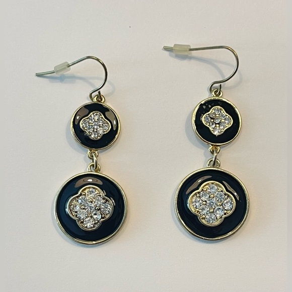 Marlyn Schiff | Rhinestone & Black Enamel Earrings | Stamped Texture Backs - Picture 1 of 3